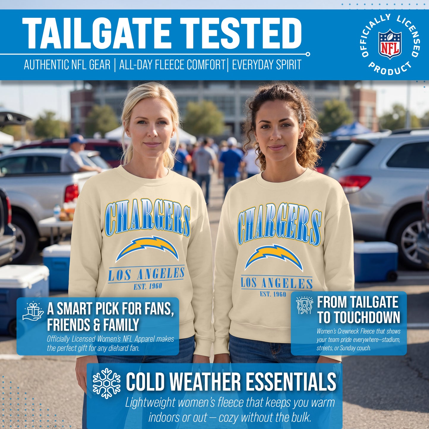 Los Angeles Chargers Womens NFL Starstruck Crewneck Pullover - Cream