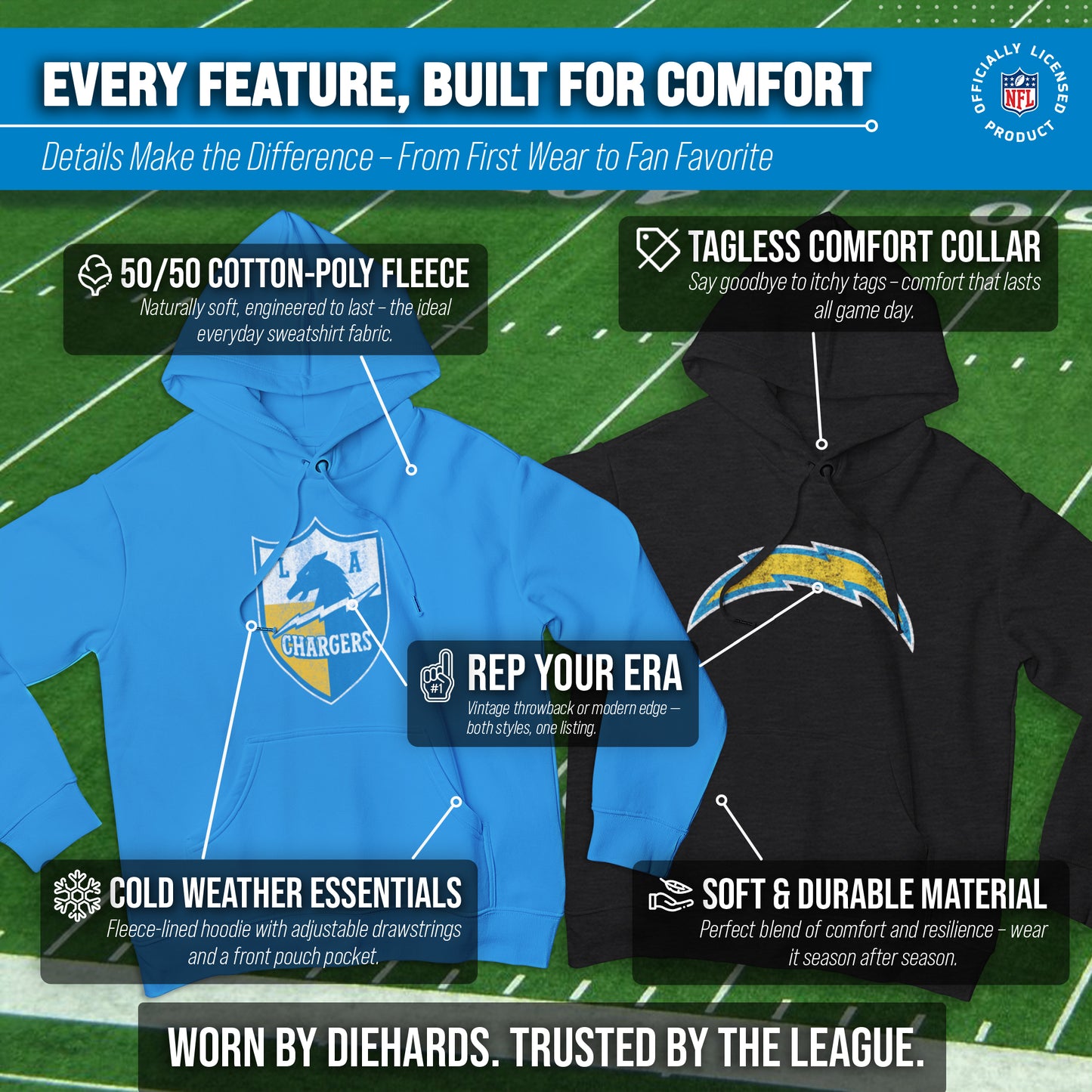 Los Angeles Chargers NFL Adult Unisex Modern Throwback Ultra Soft Fleece Hooded Sweatshirt - Light Blue