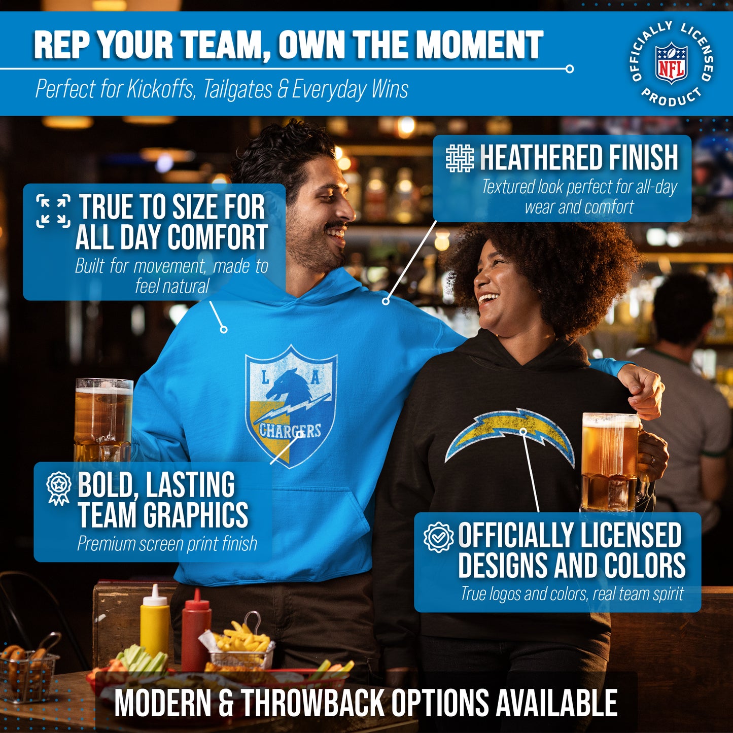 Los Angeles Chargers NFL Adult Unisex Modern Throwback Ultra Soft Fleece Hooded Sweatshirt - Black Heather