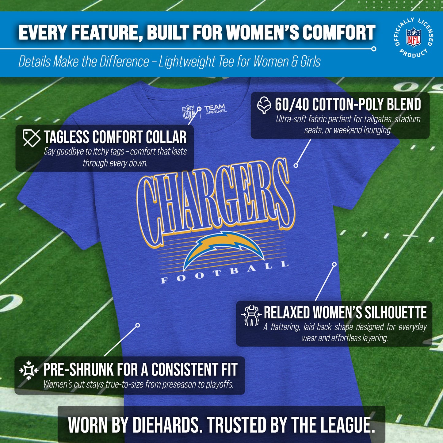 Los Angeles Chargers NFL Womens Overtime Blueprint Tag-Less T-Shirt - Royal