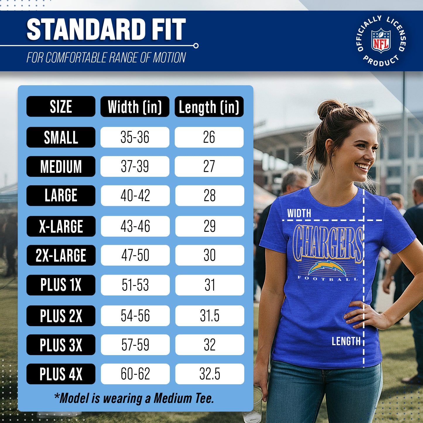 Los Angeles Chargers NFL Womens Overtime Blueprint Tag-Less T-Shirt - Royal