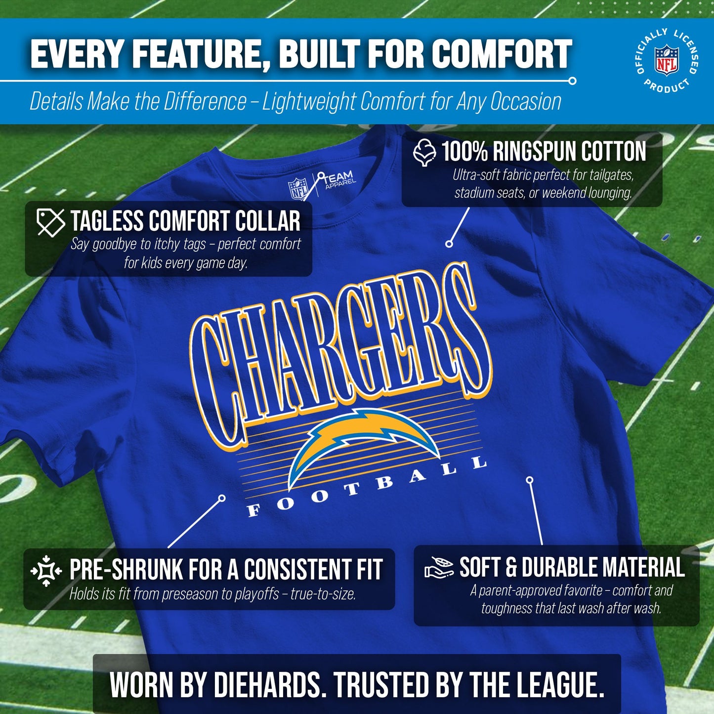 Los Angeles Chargers NFL Youth Overtime Blueprint Football T-Shirt Unisex Tag Free Comfortable - Royal