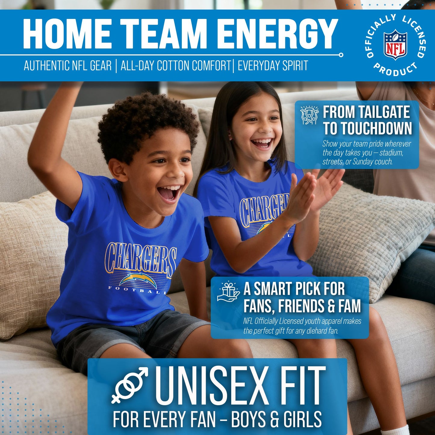 Los Angeles Chargers NFL Youth Overtime Blueprint Football T-Shirt Unisex Tag Free Comfortable - Royal