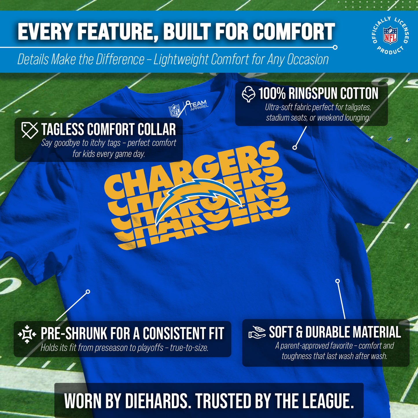 Los Angeles Chargers NFL Youth Repeating Logo Football T-Shirt Unisex Tag Free Comfortable - Royal