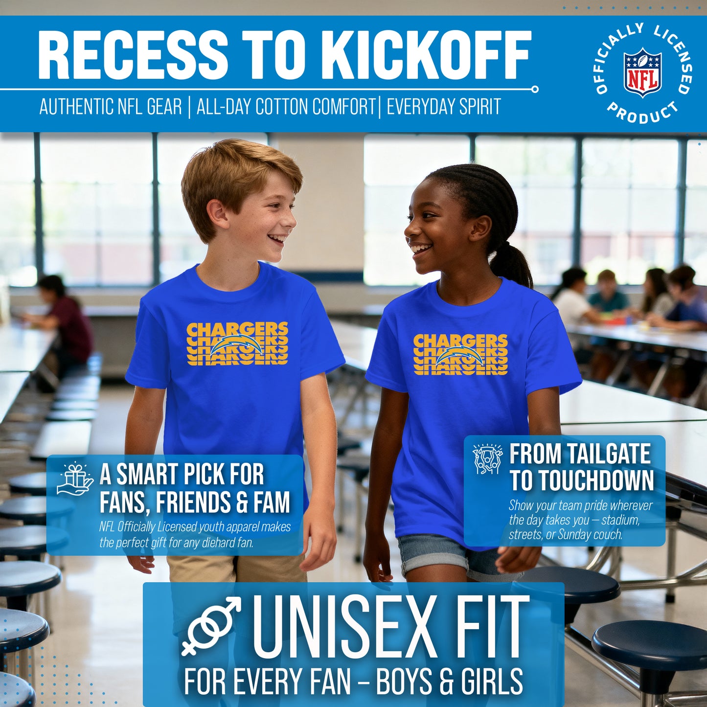 Los Angeles Chargers NFL Youth Repeating Logo Football T-Shirt Unisex Tag Free Comfortable - Royal