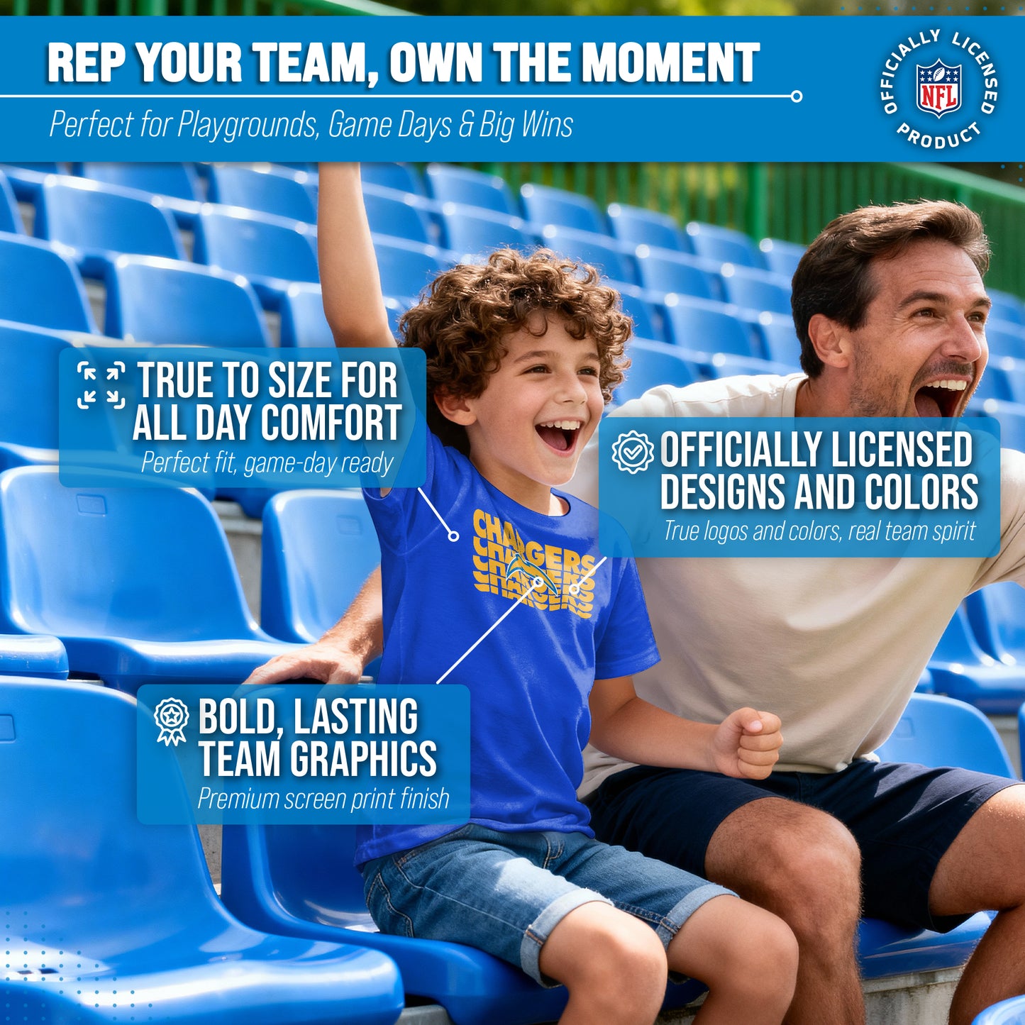 Los Angeles Chargers NFL Youth Repeating Logo Football T-Shirt Unisex Tag Free Comfortable - Royal