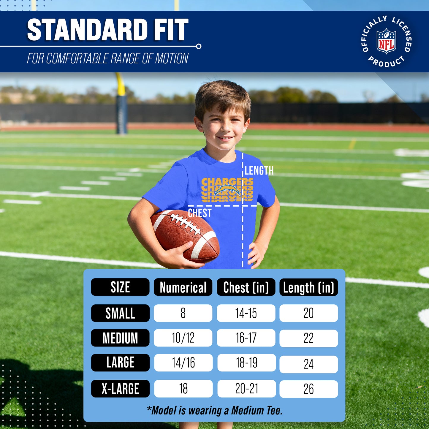 Los Angeles Chargers NFL Youth Repeating Logo Football T-Shirt Unisex Tag Free Comfortable - Royal