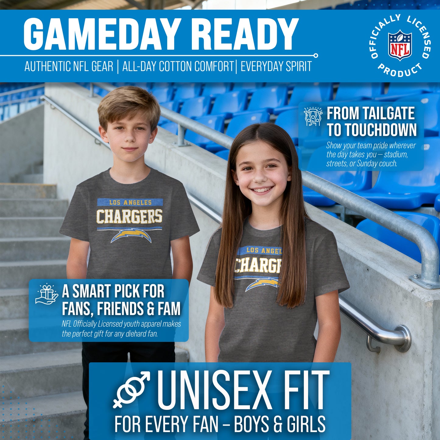 Los Angeles Chargers NFL Youth Short Sleeve Charcoal T Shirt - Charcoal