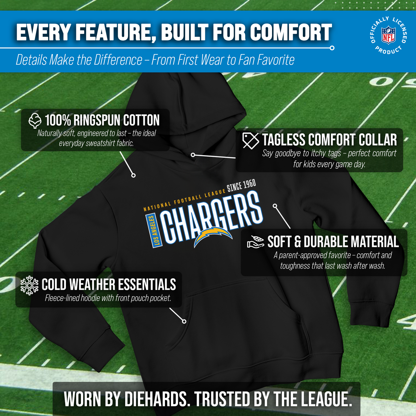 Los Angeles Chargers NFL Youth Modern Endzone Football Fleece Hooded Sweatshirt - Black
