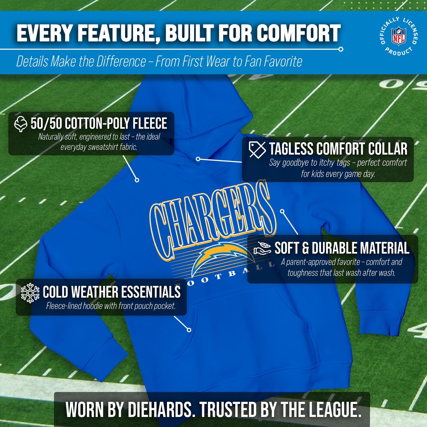 Los Angeles Chargers NFL Youth Overtime Blueprint Football Fleece Hooded Sweatshirt - Royal