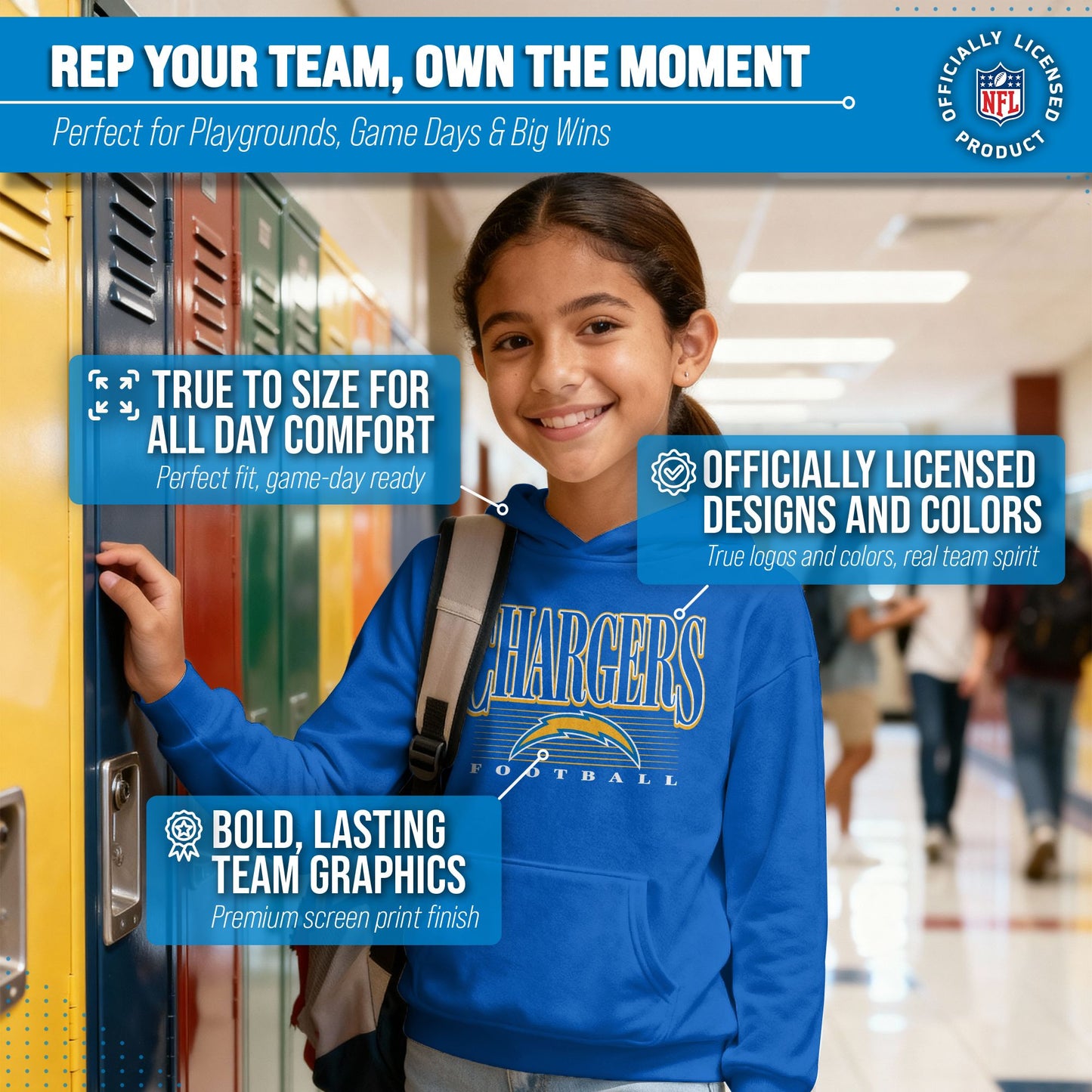 Los Angeles Chargers NFL Youth Overtime Blueprint Football Fleece Hooded Sweatshirt - Royal