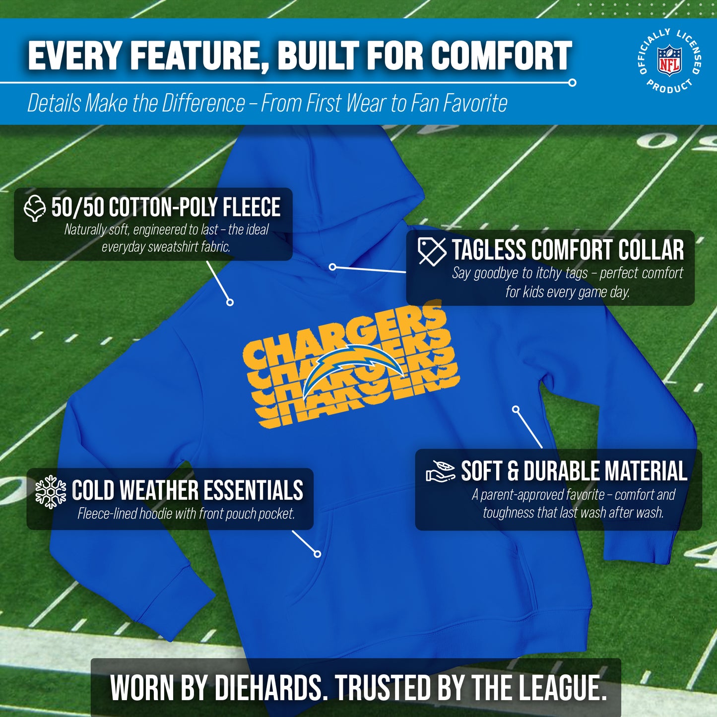 Los Angeles Chargers NFL Youth Repeating Logo Football Fleece Hooded Sweatshirt - Royal