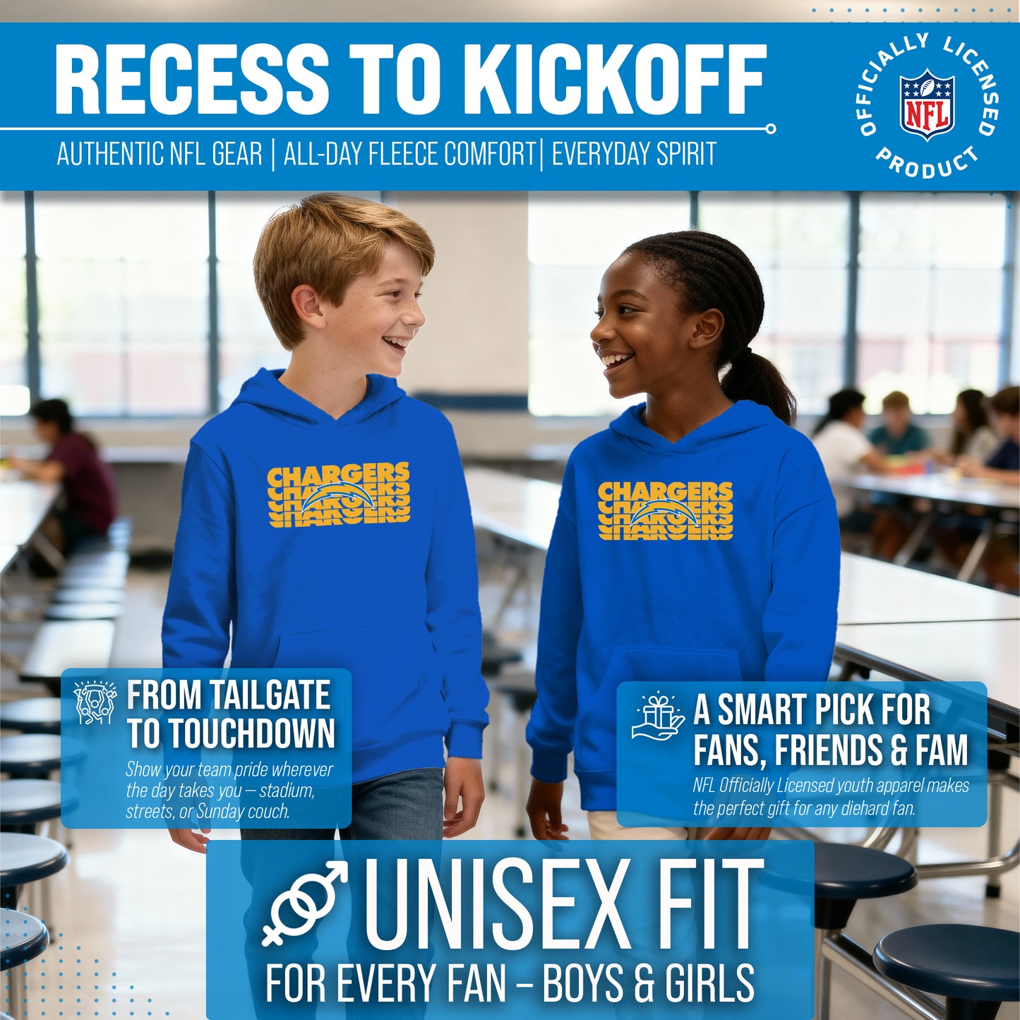 Los Angeles Chargers NFL Youth Repeating Logo Football Fleece Hooded Sweatshirt - Royal