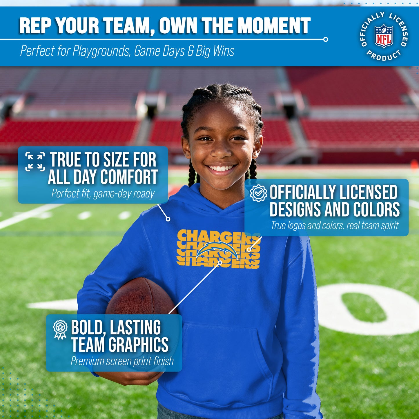 Los Angeles Chargers NFL Youth Repeating Logo Football Fleece Hooded Sweatshirt - Royal