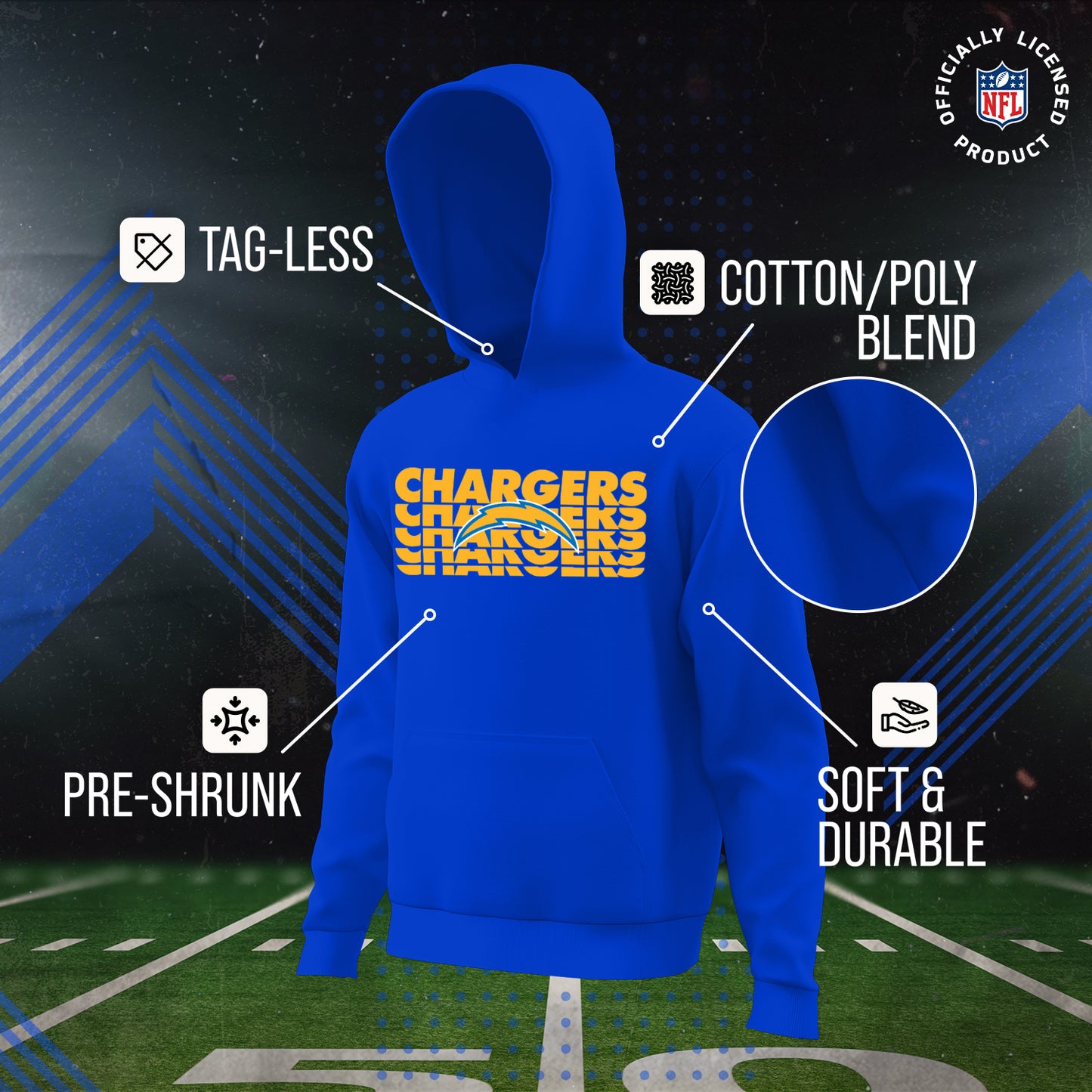 Los Angeles Chargers NFL Youth Repeating Logo Football Fleece Hooded Sweatshirt - Royal
