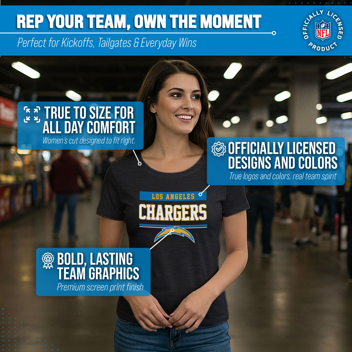 Los Angeles Chargers NFL Women's Team Block Charcoal Tagless T-Shirt - Charcoal