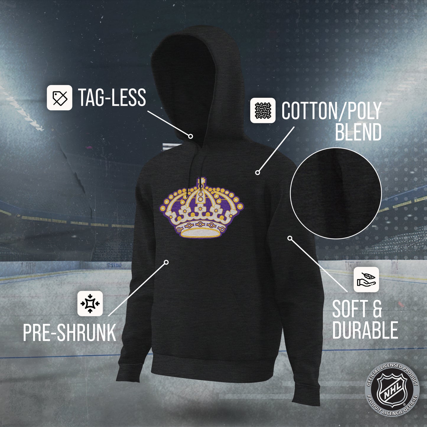 Los Angeles Kings Adult NHL Retro Logo Hockey Fleece Hooded Sweatshirt - Black Heather