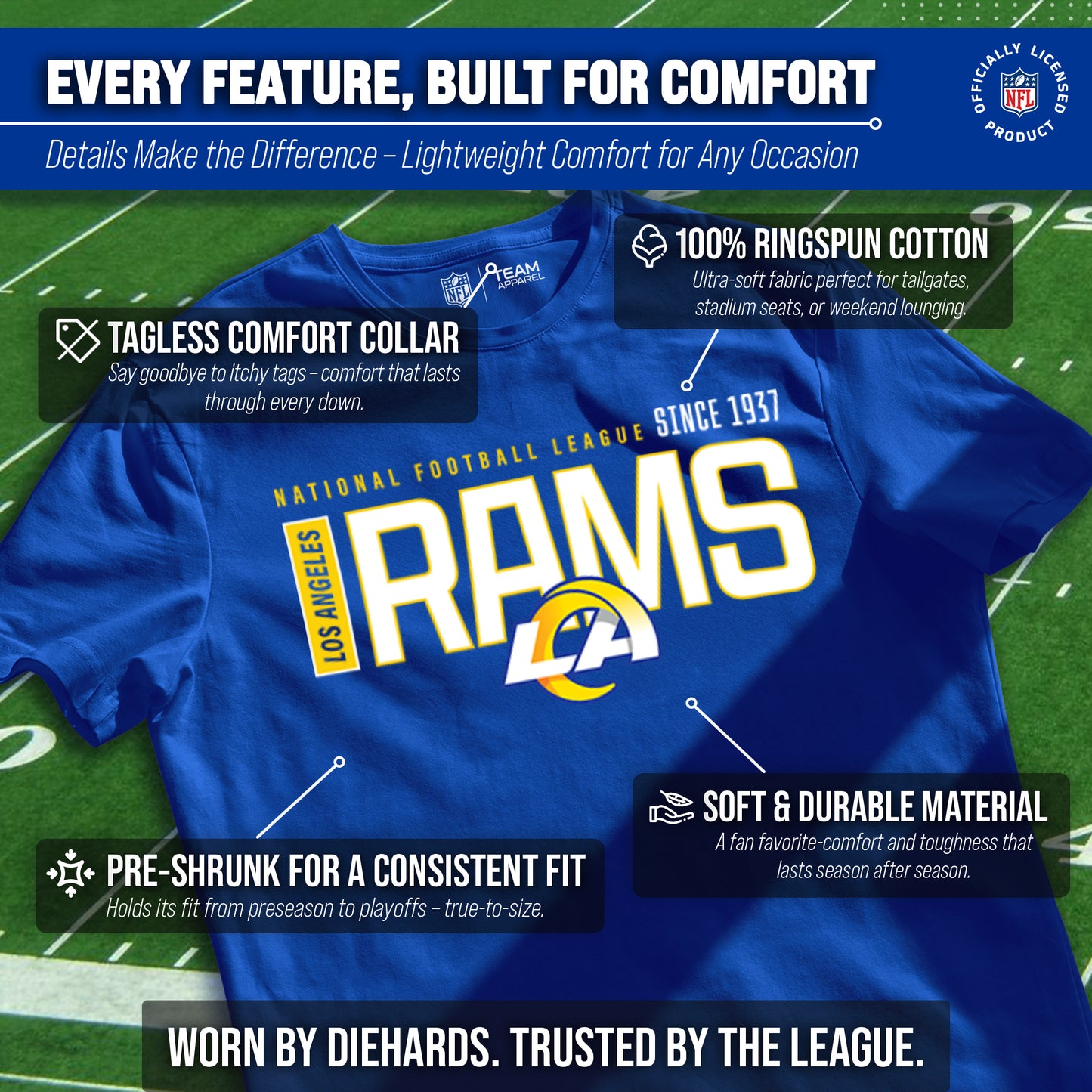 Los Angeles Rams NFL Youth Modern Endzone Football T-Shirt Unisex Tag Free Comfortable - Royal