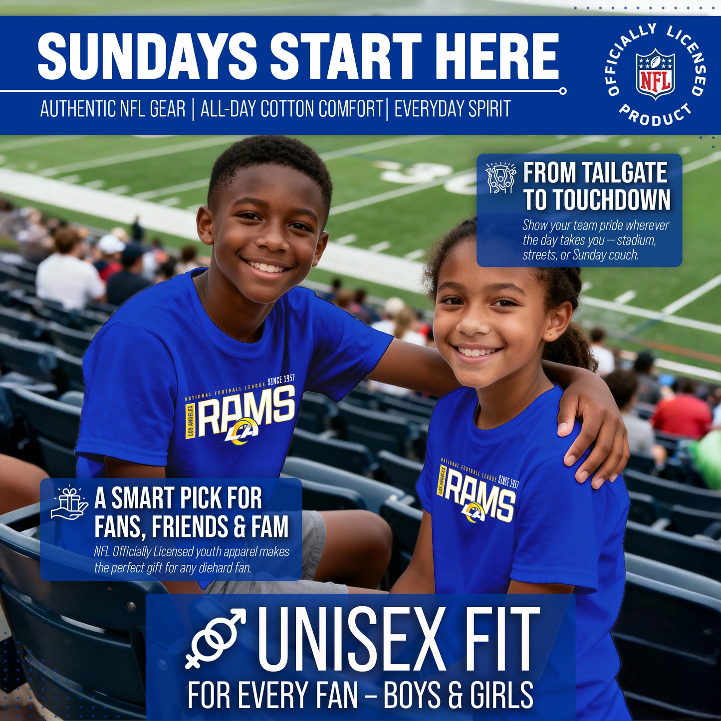 Los Angeles Rams NFL Youth Modern Endzone Football T-Shirt Unisex Tag Free Comfortable - Royal