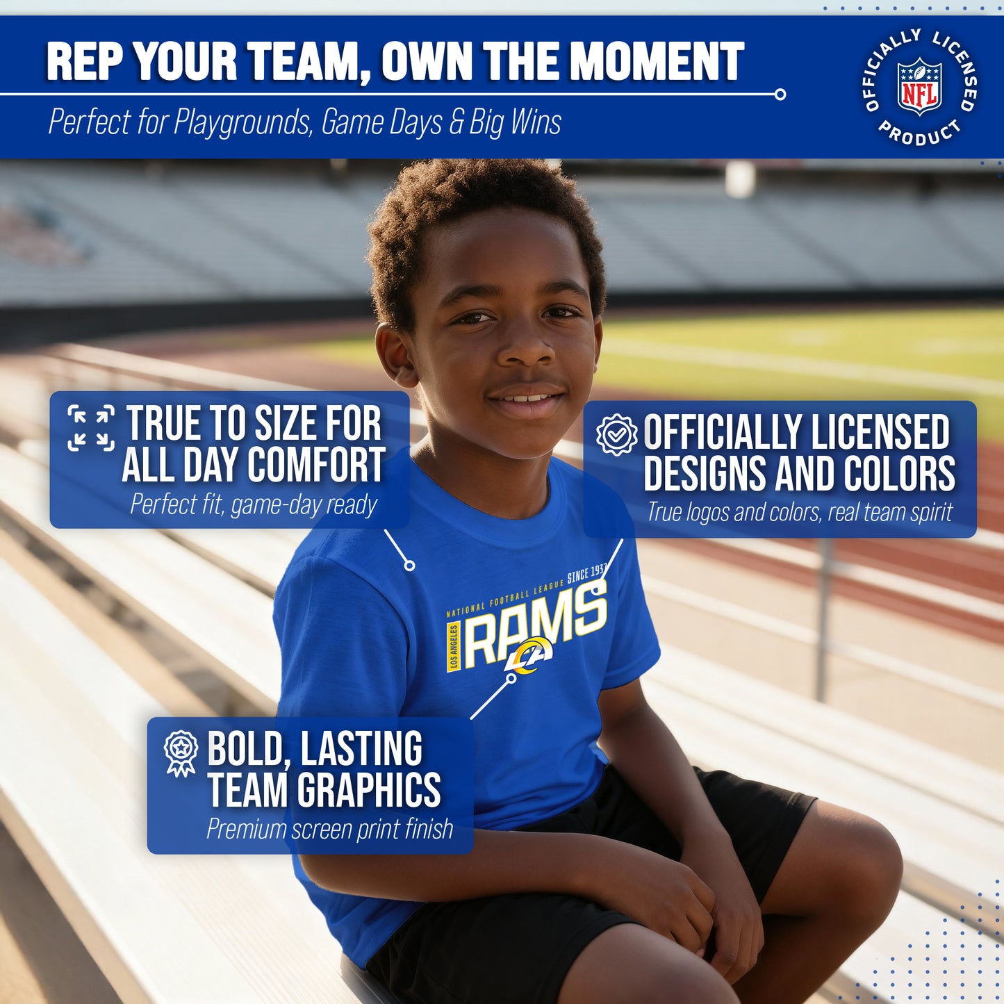 Los Angeles Rams NFL Youth Modern Endzone Football T-Shirt Unisex Tag Free Comfortable - Royal