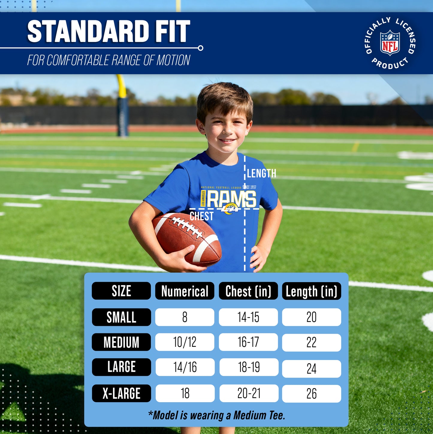 Los Angeles Rams NFL Youth Modern Endzone Football T-Shirt Unisex Tag Free Comfortable - Royal