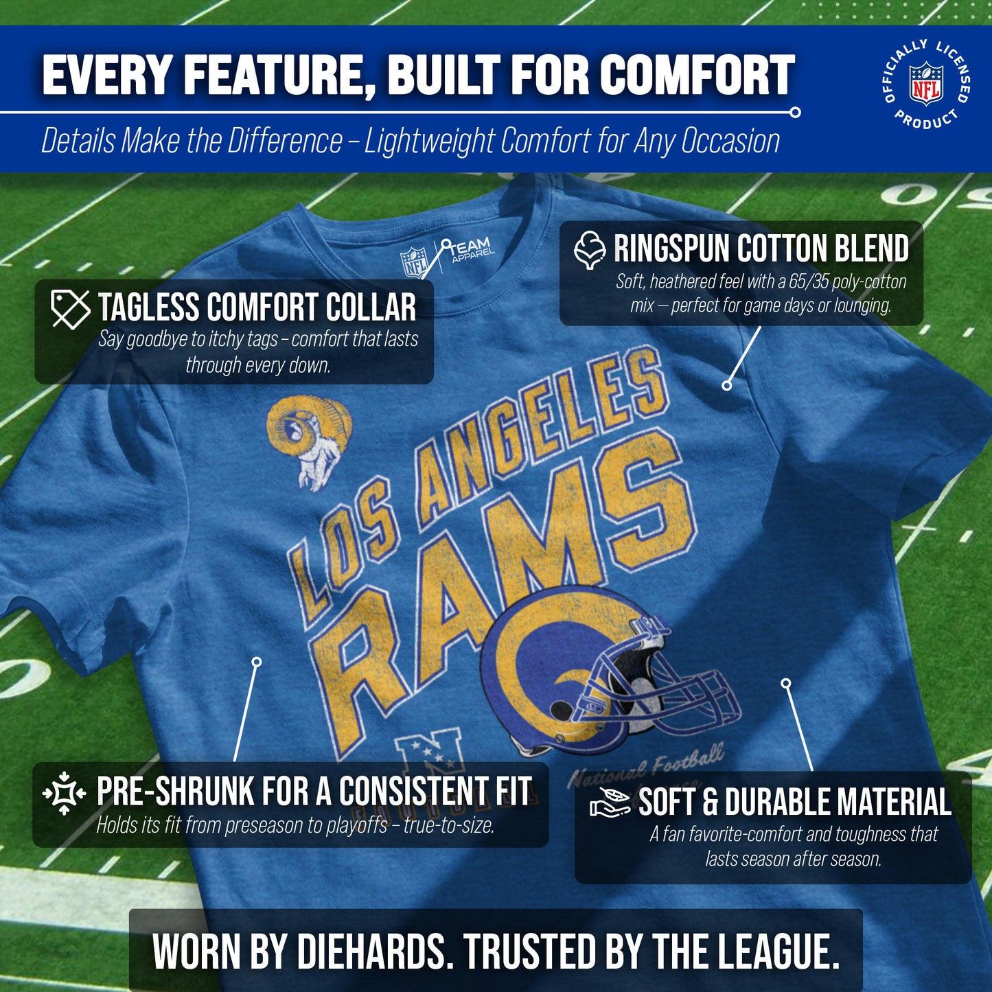 Los Angeles Rams NFL Adult Distressed Helmet Tag-Less T-Shirt - Royal Heather