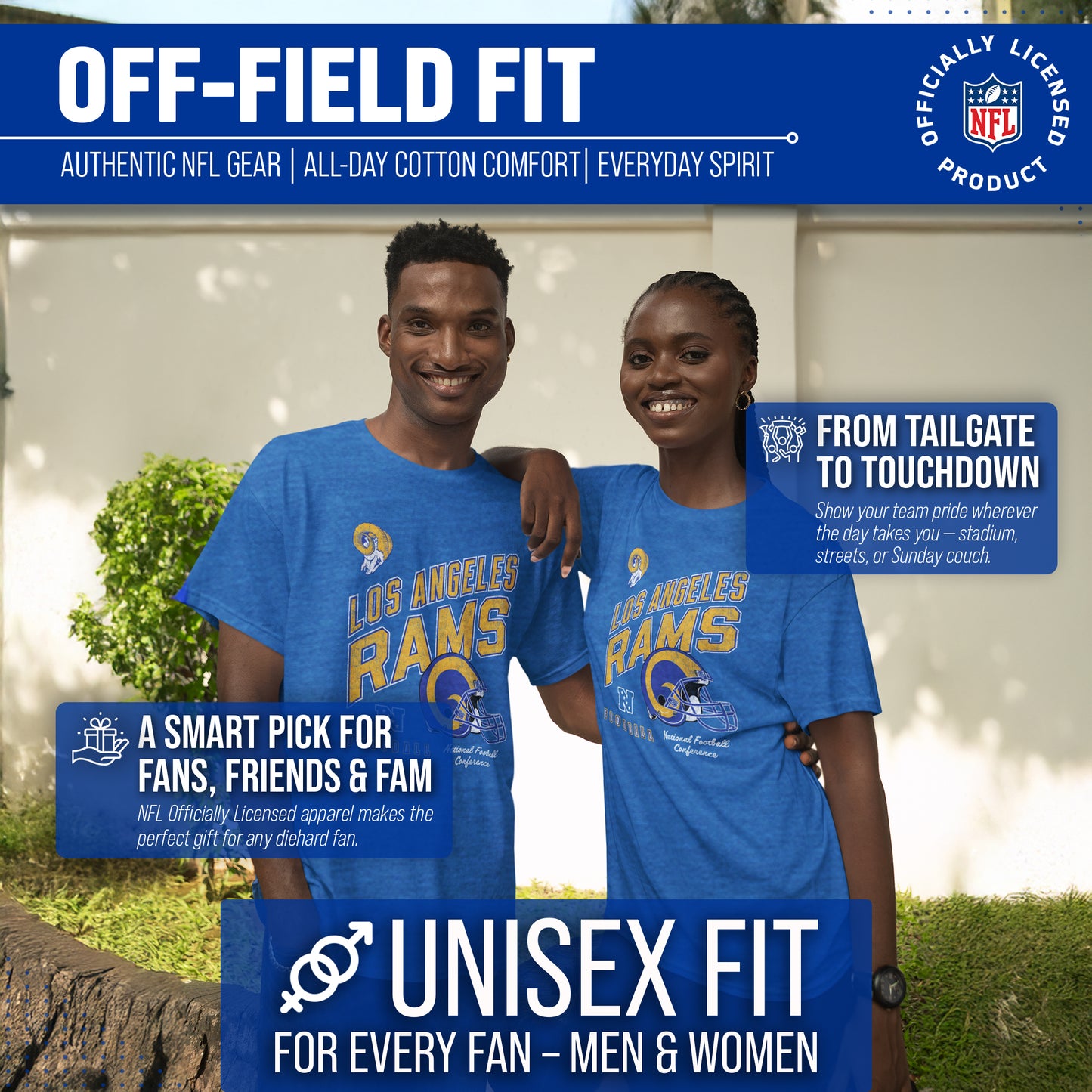 Los Angeles Rams NFL Adult Distressed Helmet Tag-Less T-Shirt - Royal Heather