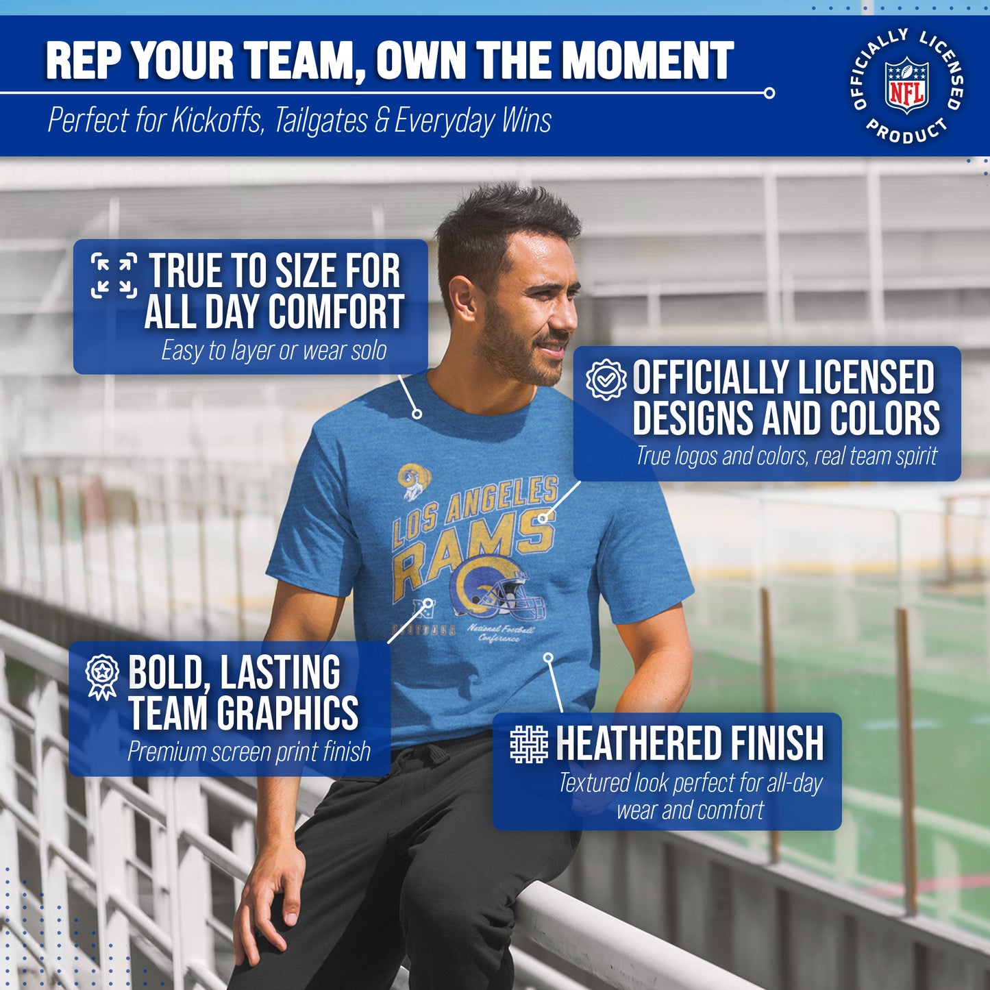 Los Angeles Rams NFL Adult Distressed Helmet Tag-Less T-Shirt - Royal Heather