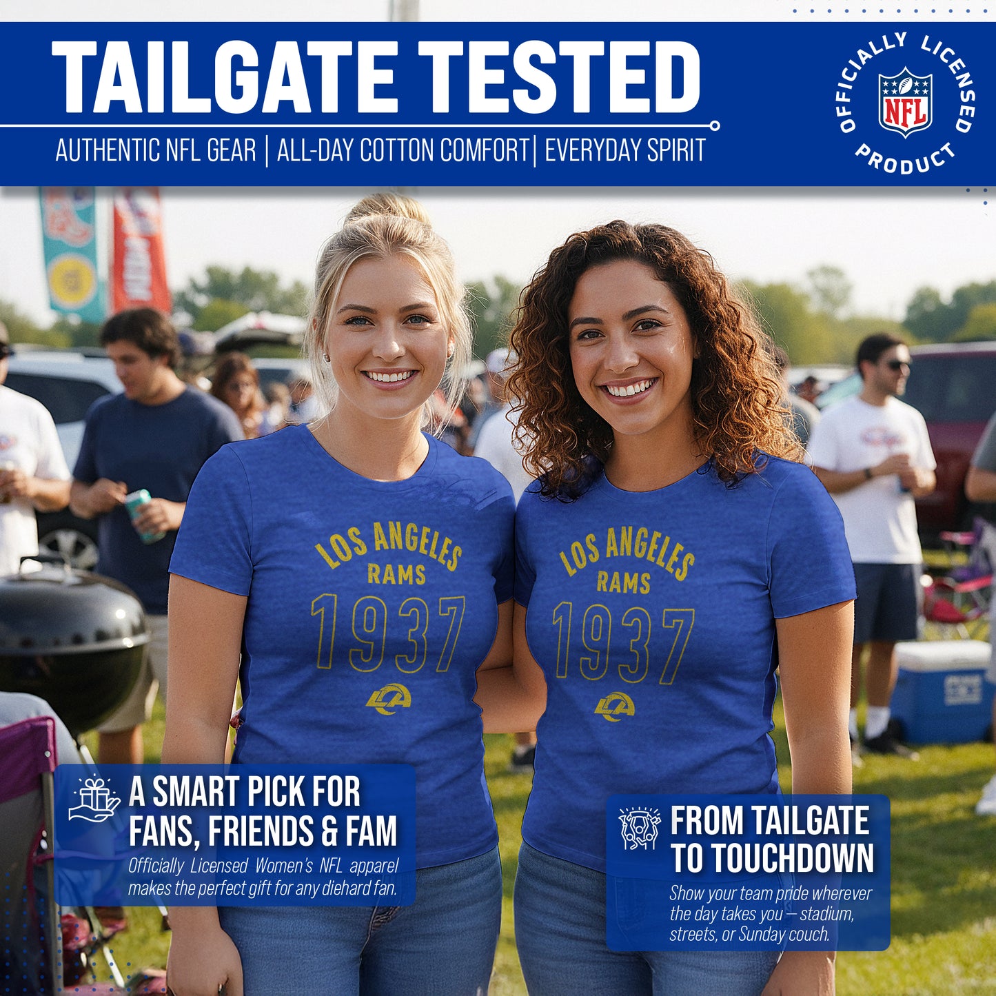Los Angeles Rams NFL Womens Big Date Tag-Less T-Shirt - Royal Heather