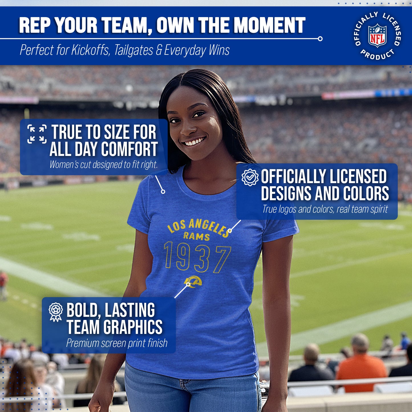 Los Angeles Rams NFL Womens Big Date Tag-Less T-Shirt - Royal Heather