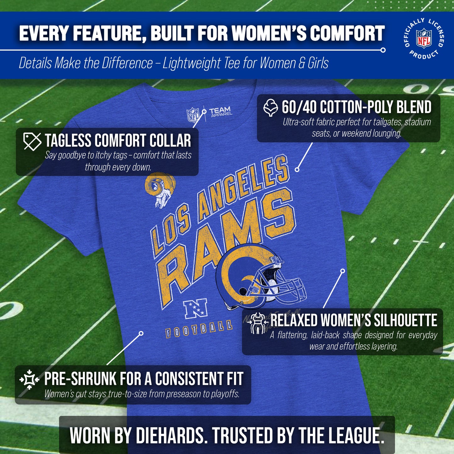 Los Angeles Rams NFL Womens Distressed Helmet Tag-Less Soft T-Shirt - Royal Heather