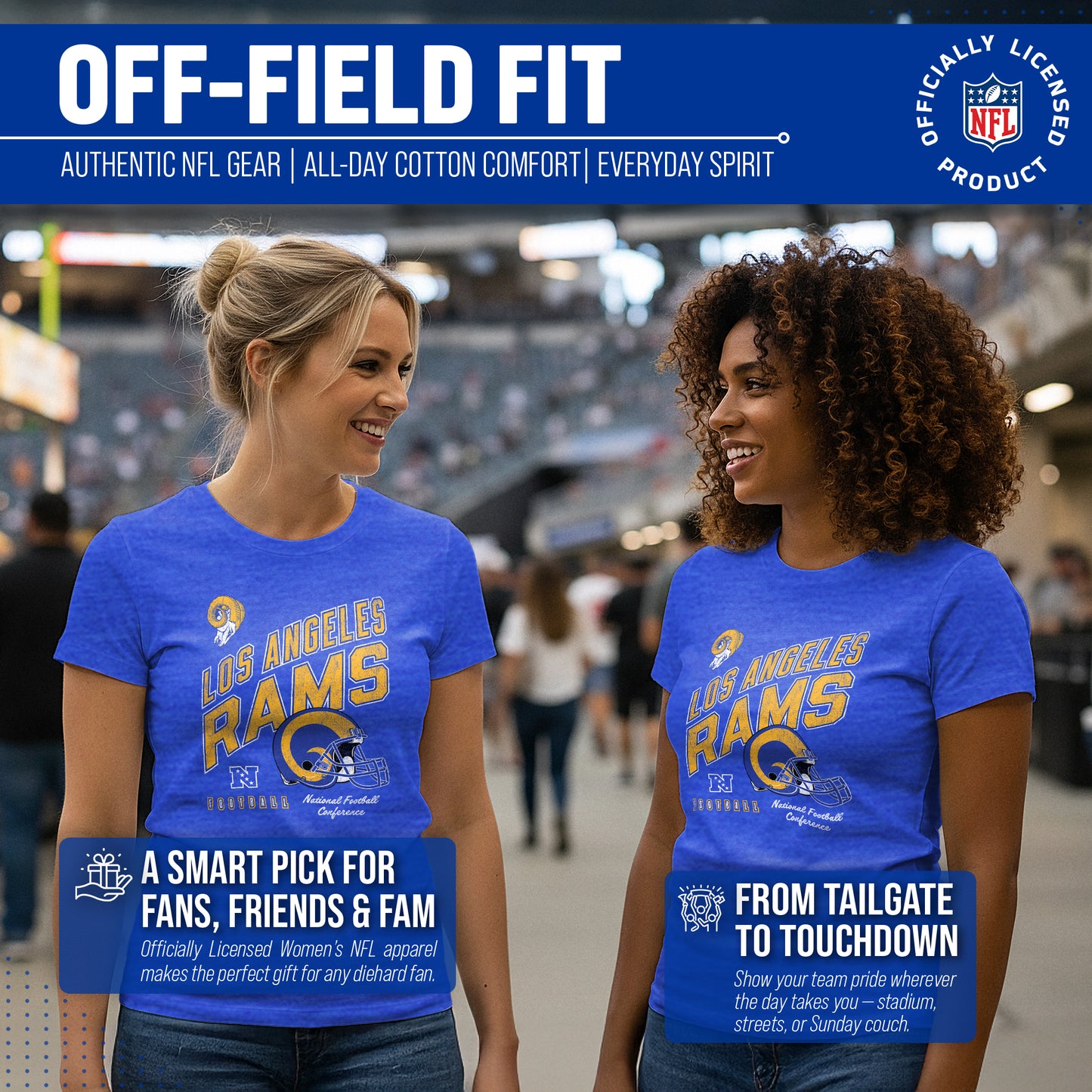 Los Angeles Rams NFL Womens Distressed Helmet Tag-Less Soft T-Shirt - Royal Heather