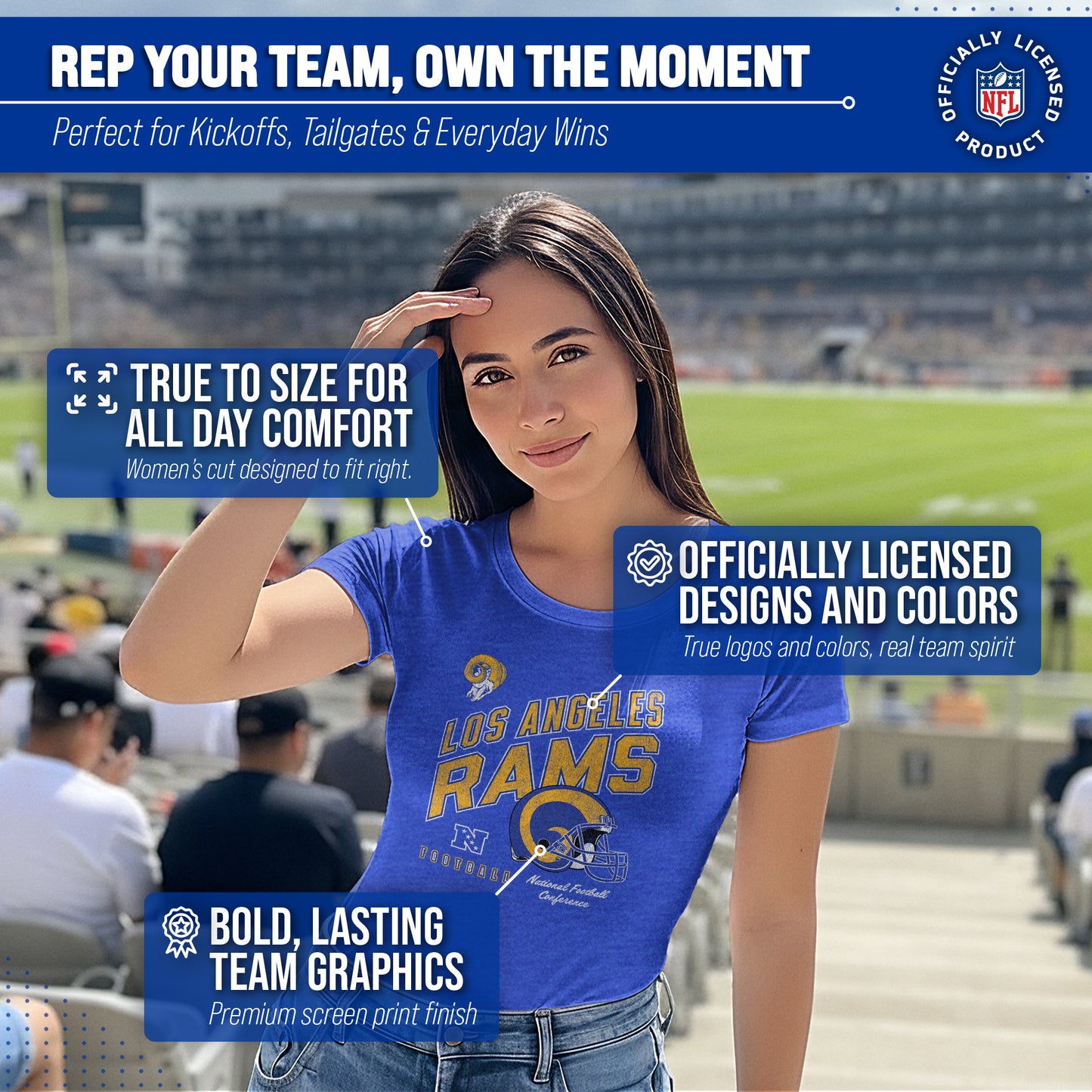 Los Angeles Rams NFL Womens Distressed Helmet Tag-Less Soft T-Shirt - Royal Heather