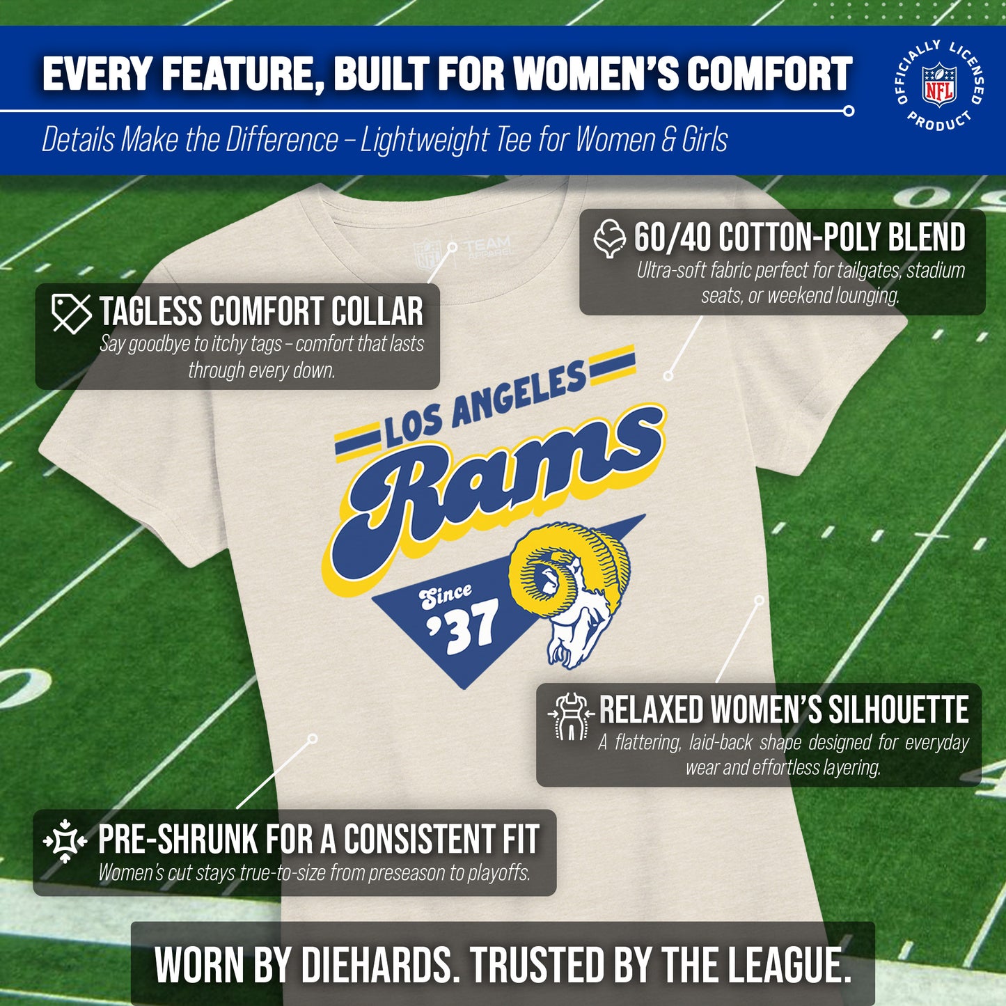 Los Angeles Rams NFL Womens Vintage Charm Tag-Less Soft T-Shirt - Birch