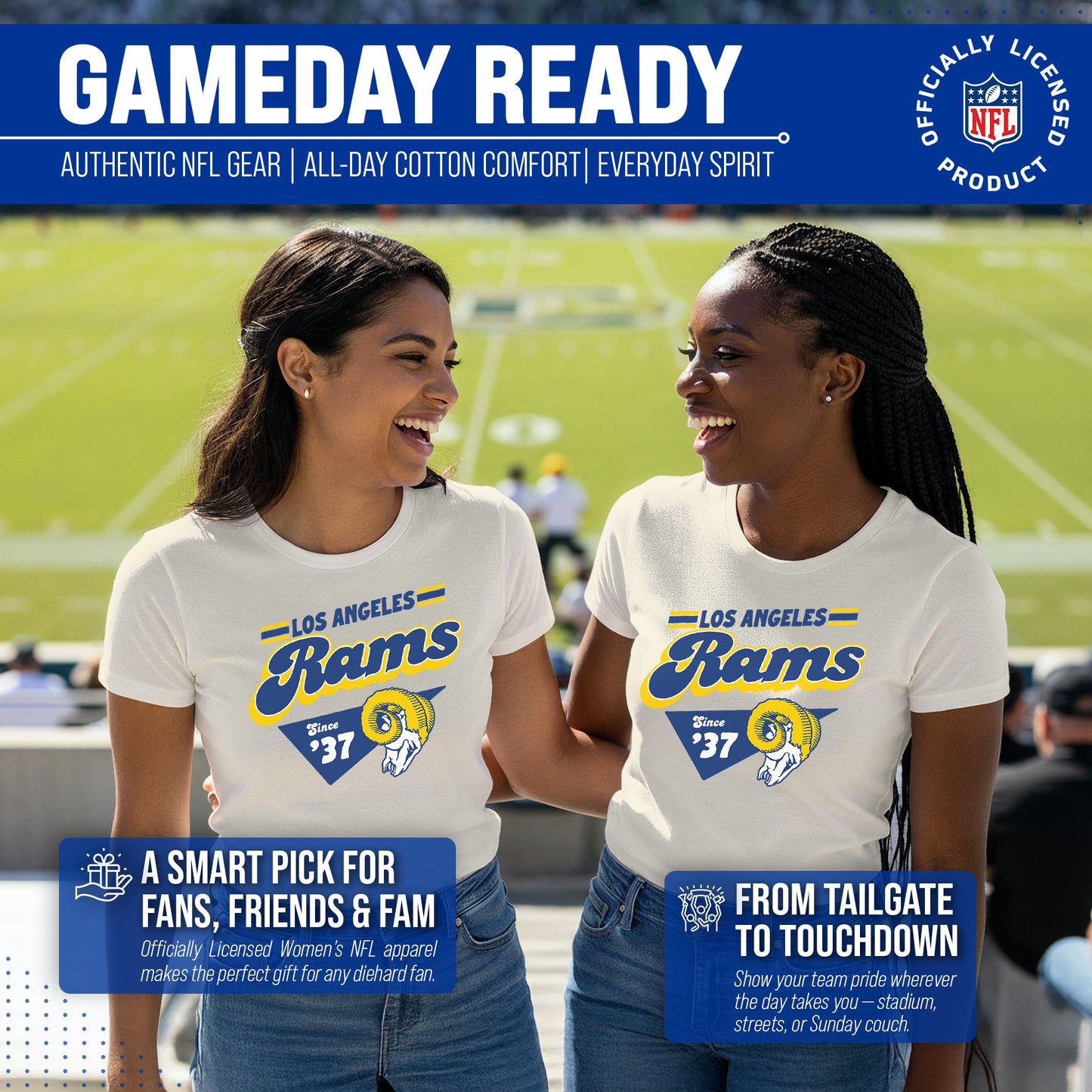 Los Angeles Rams NFL Womens Vintage Charm Tag-Less Soft T-Shirt - Birch