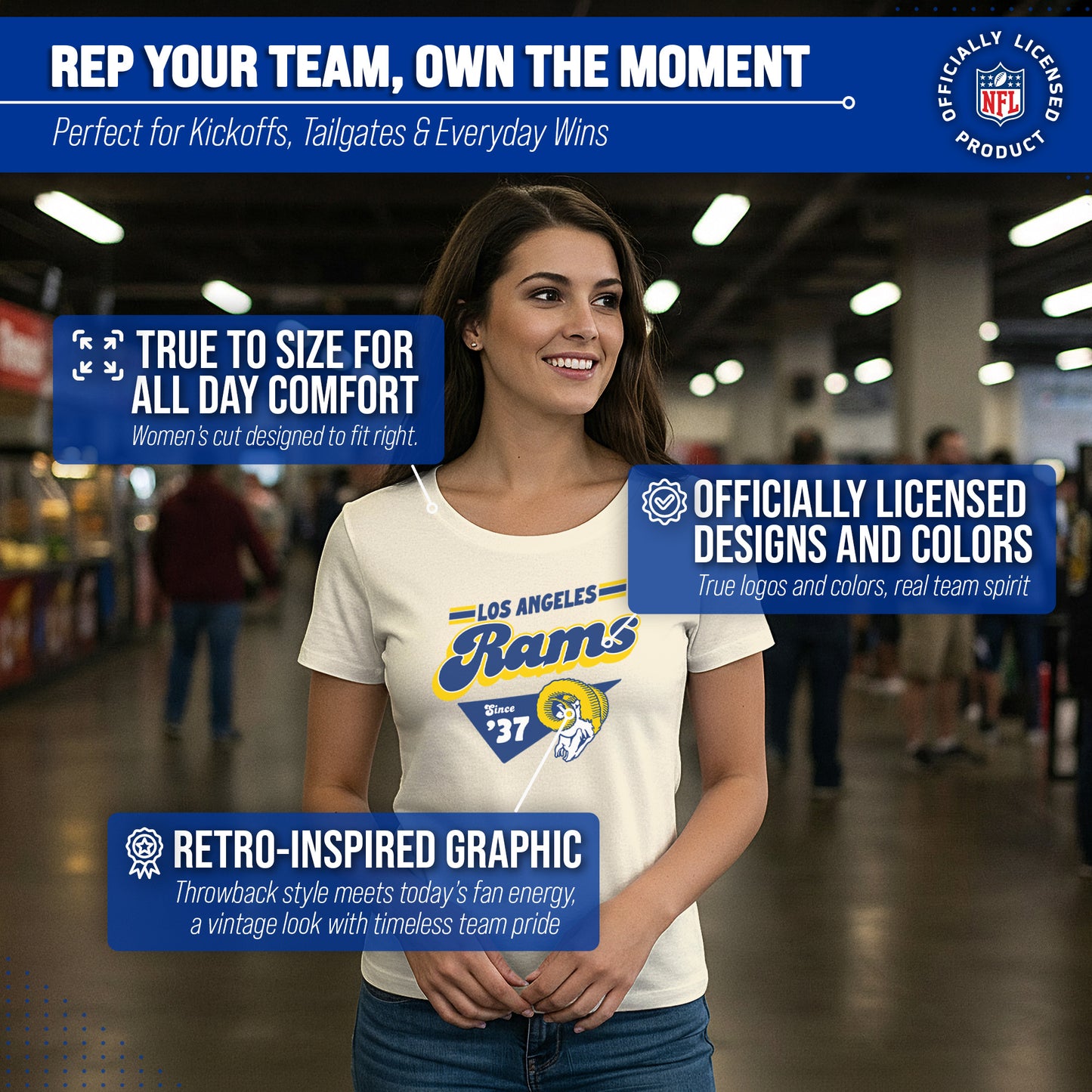 Los Angeles Rams NFL Womens Vintage Charm Tag-Less Soft T-Shirt - Birch