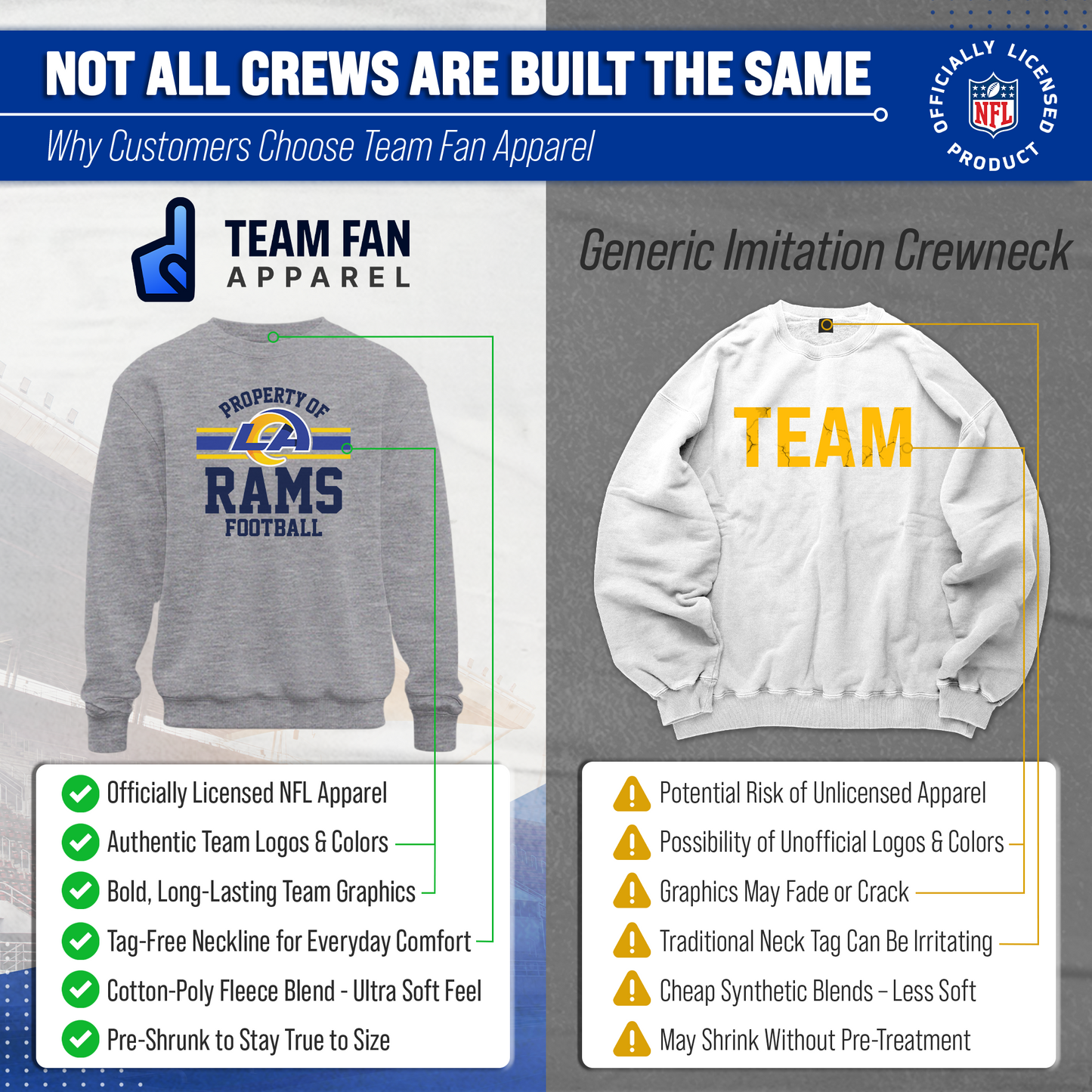 Los Angeles Rams NFL Adult Property Of Crewneck Fleece Sweatshirt - Sport Gray