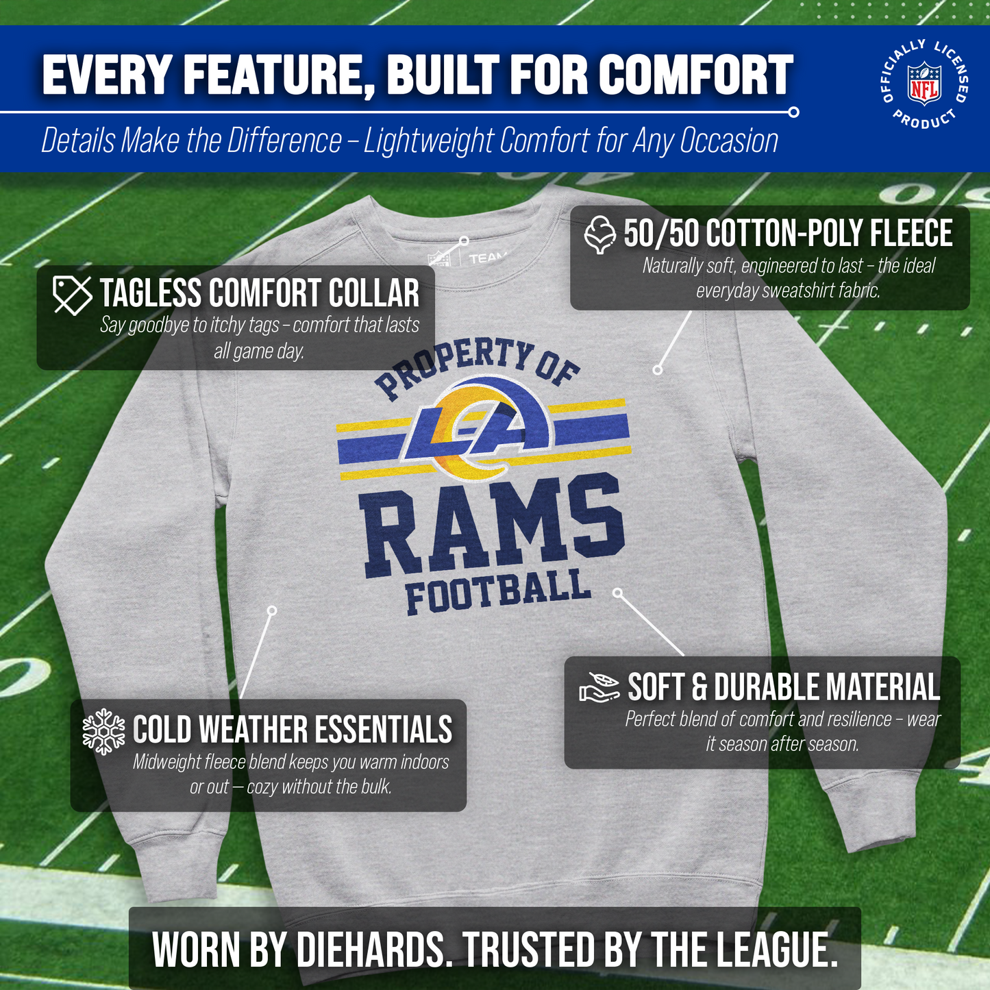 Los Angeles Rams NFL Adult Property Of Crewneck Fleece Sweatshirt - Sport Gray