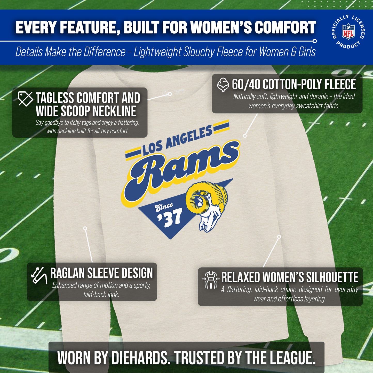 Los Angeles Rams NFL Womens Vintage Charm Slouchy Crewneck - Birch