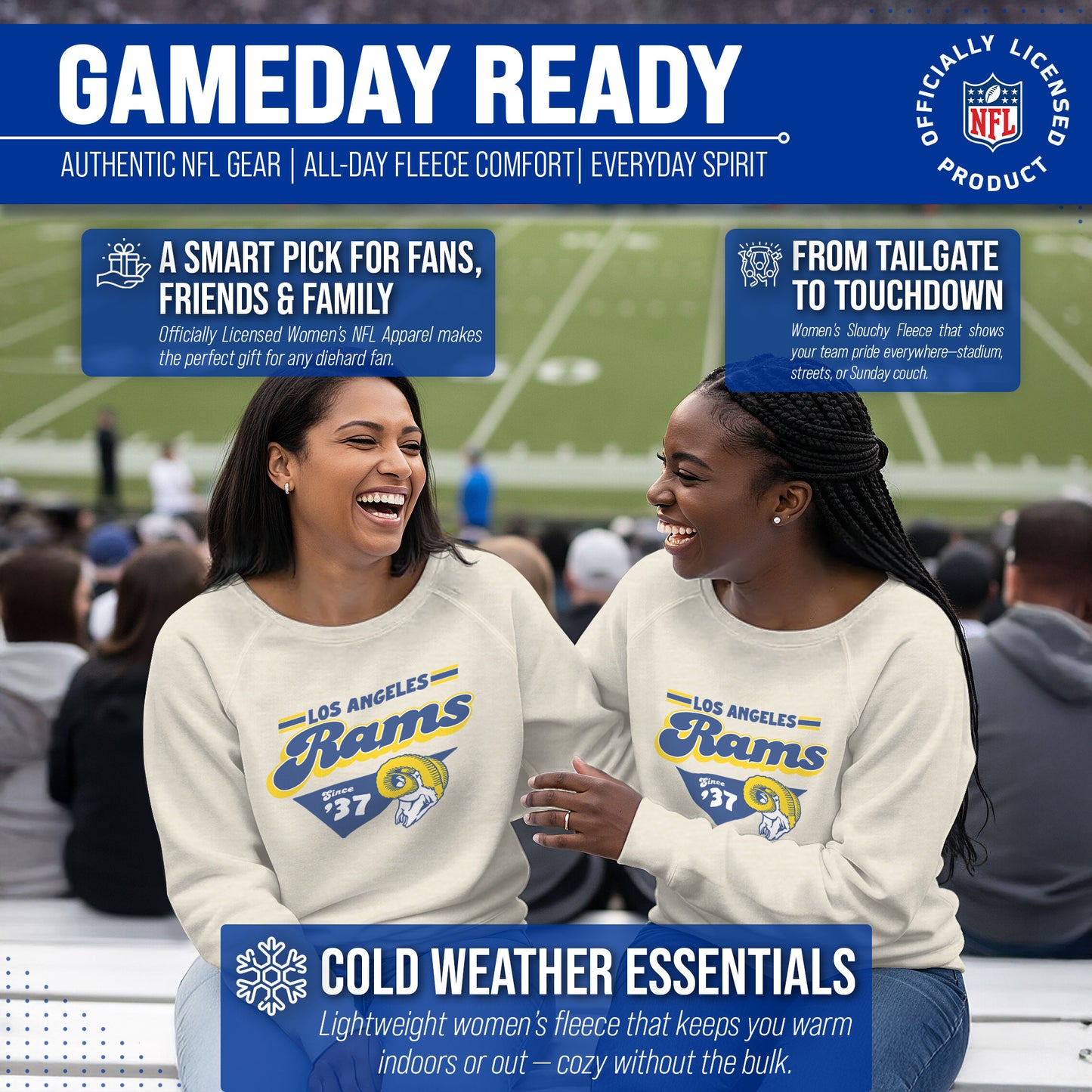 Los Angeles Rams NFL Womens Vintage Charm Slouchy Crewneck - Birch