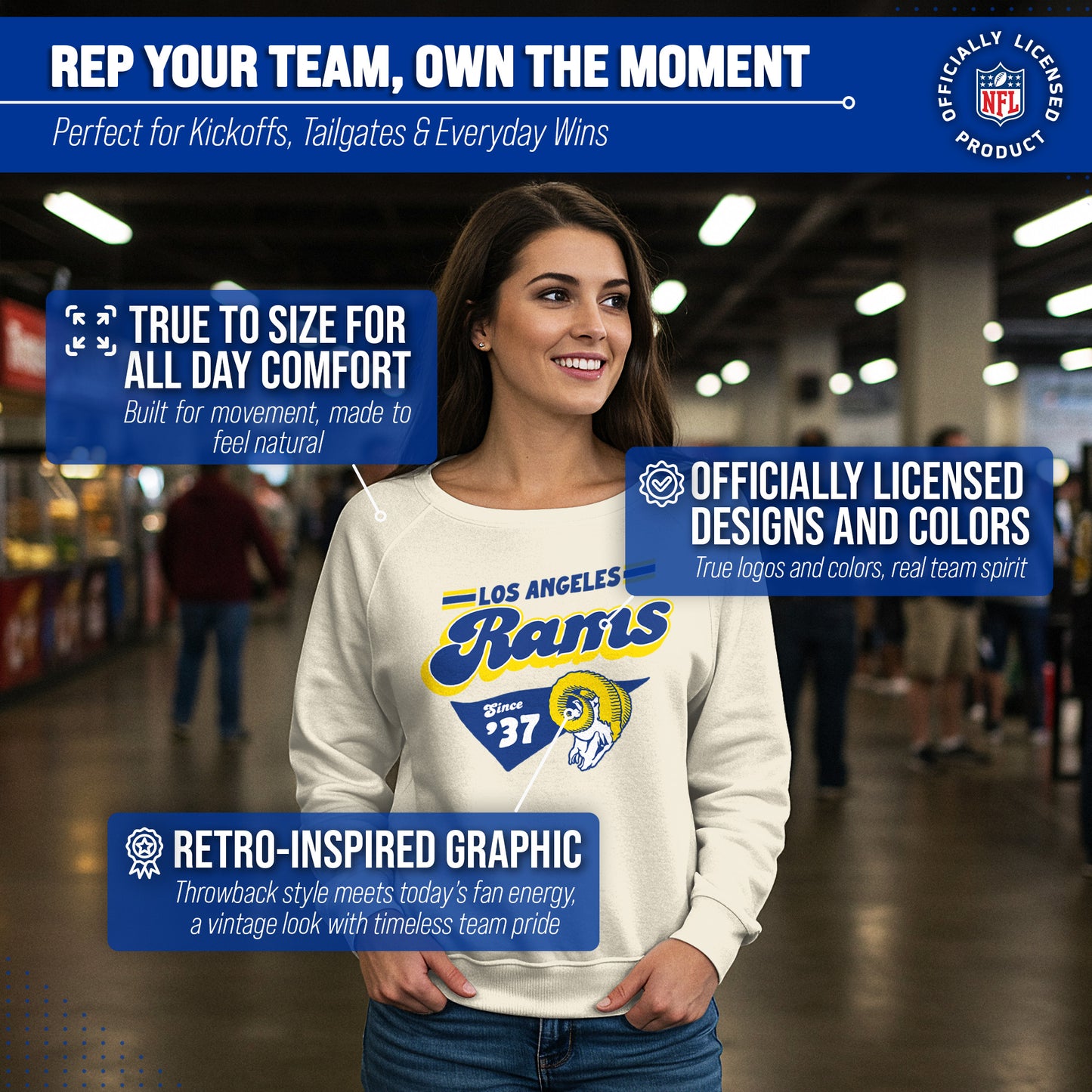 Los Angeles Rams NFL Womens Vintage Charm Slouchy Crewneck - Birch