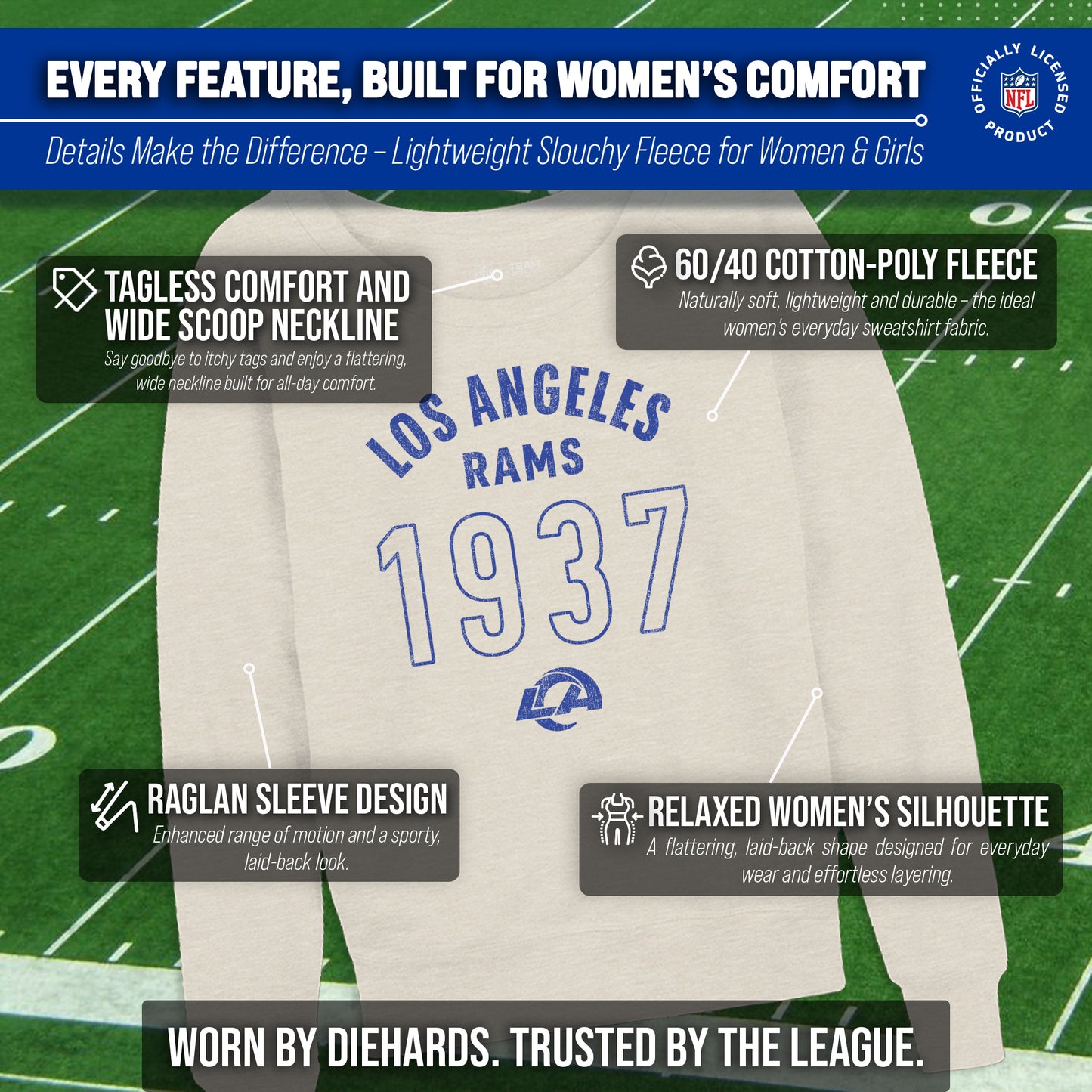 Los Angeles Rams NFL Womens Big Date French Terry Slouchy Top - Natural