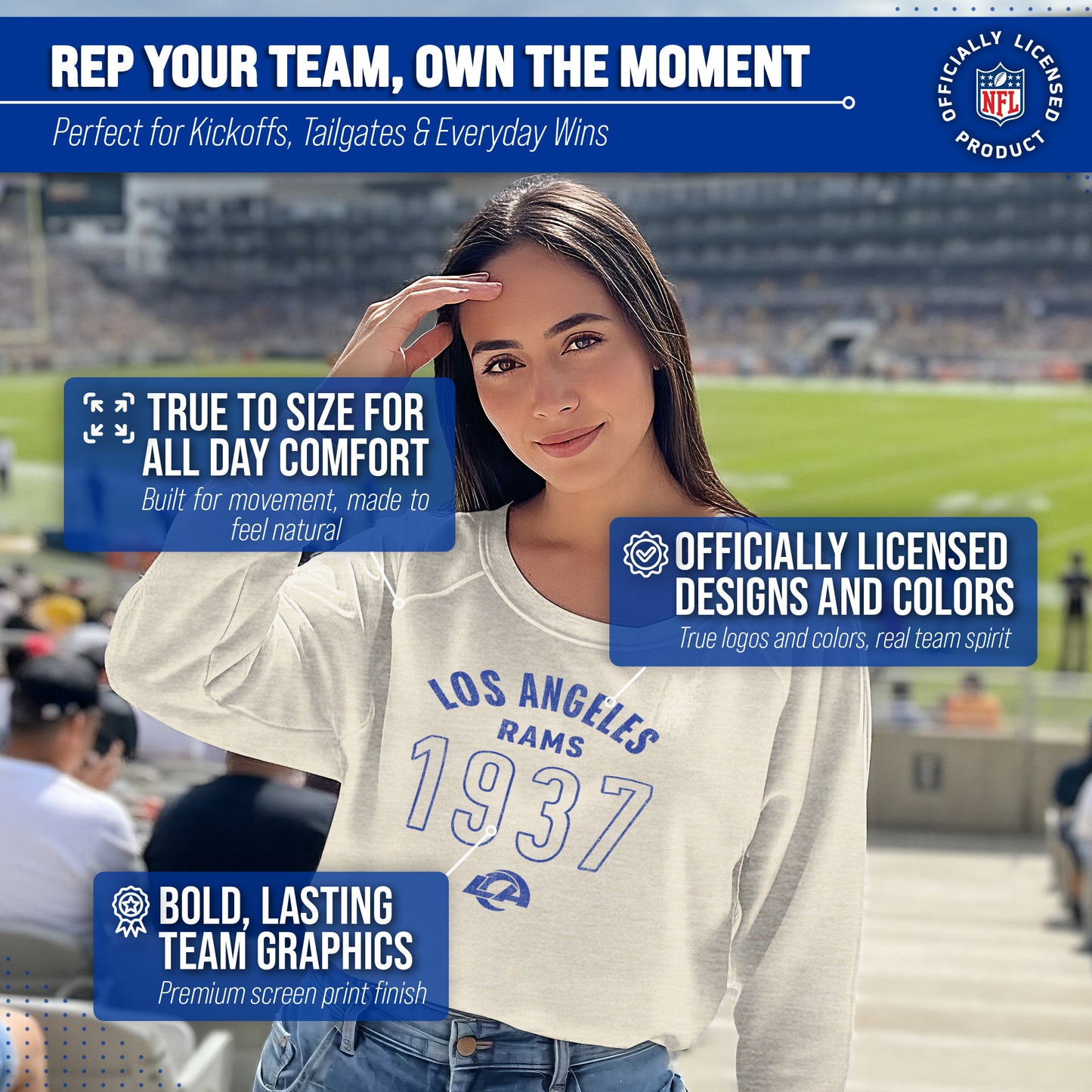 Los Angeles Rams NFL Womens Big Date French Terry Slouchy Top - Natural