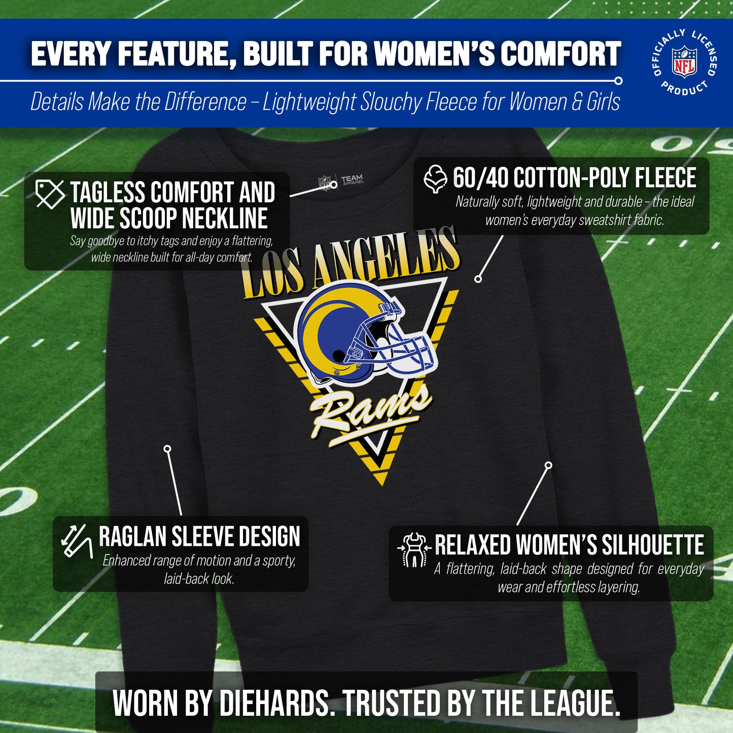Los Angeles Rams NFL Womens Retro Triangle Slouchy Crewneck - Heather Charcoal