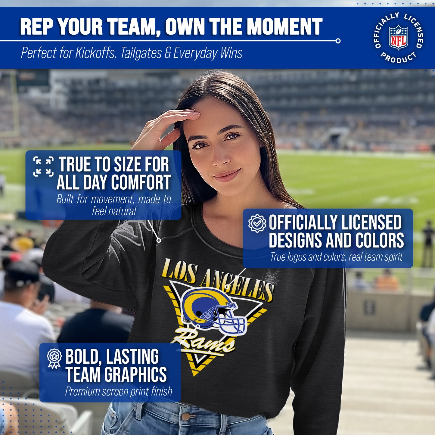 Los Angeles Rams NFL Womens Retro Triangle Slouchy Crewneck - Heather Charcoal