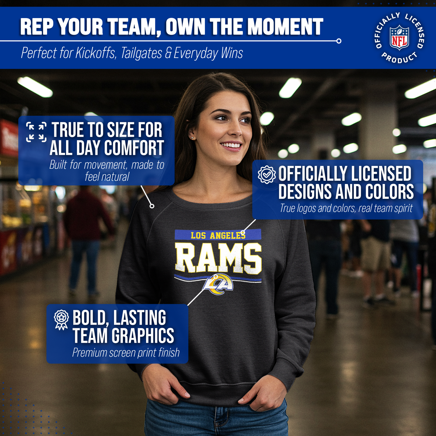 Los Angeles Rams NFL Womens Charcoal Crew Neck Football Apparel - Charcoal