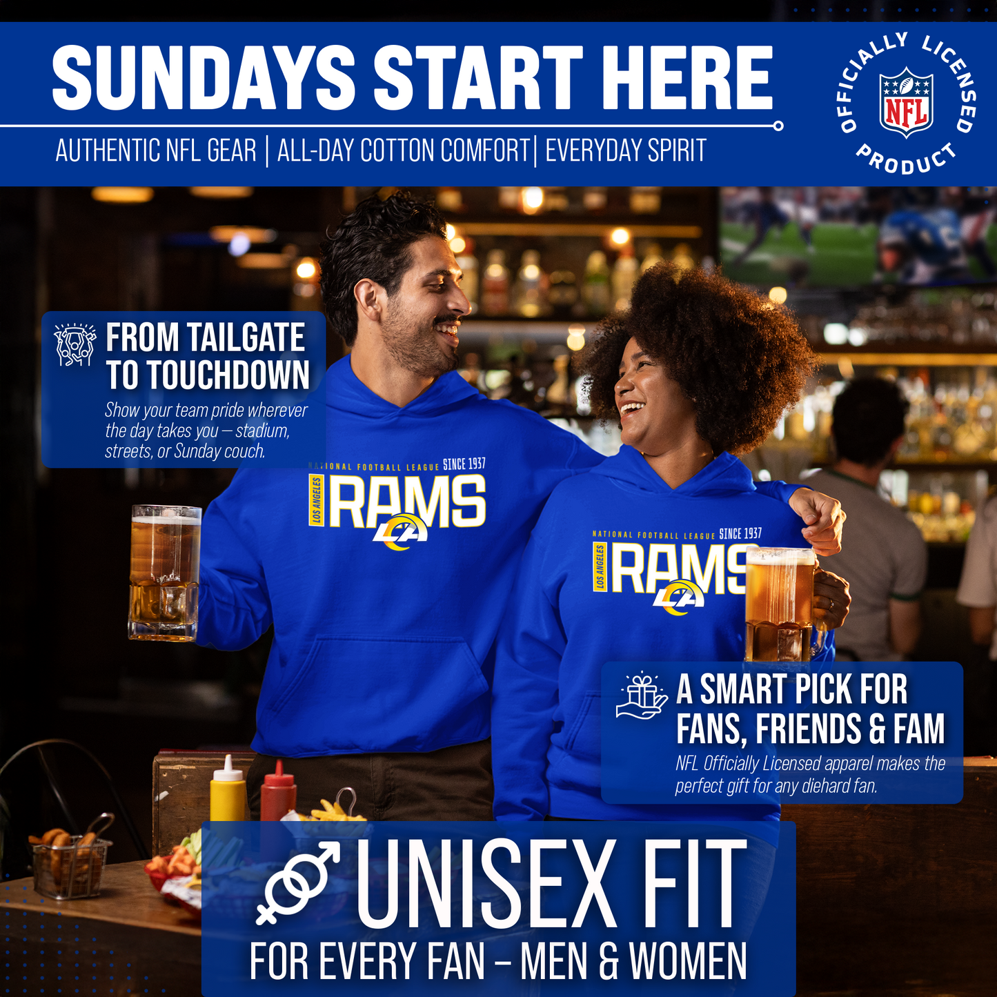 Los Angeles Rams NFL Adult Unisex Modern Endzone Soft Fleece Hooded Sweatshirt - Royal