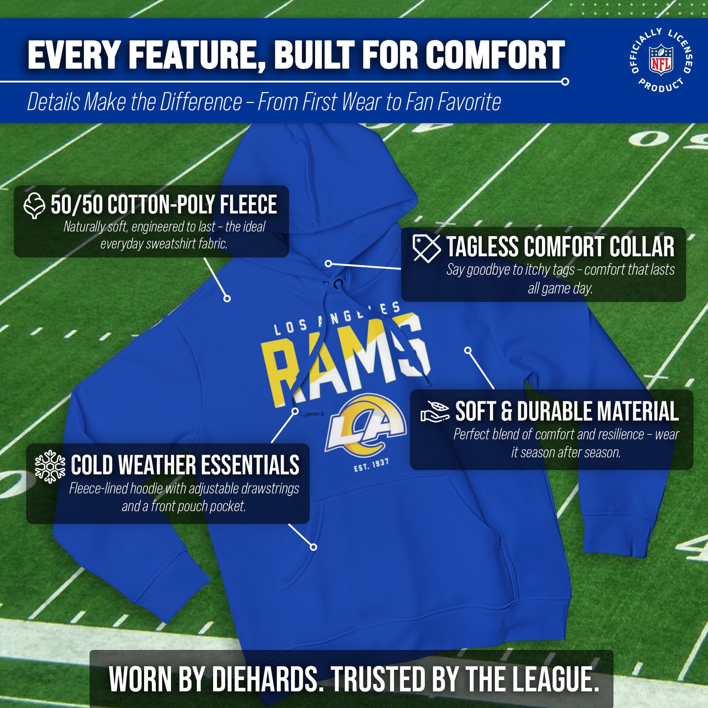 Los Angeles Rams Adult NFL Diagonal Fade Fleece Hooded Sweatshirt - Royal