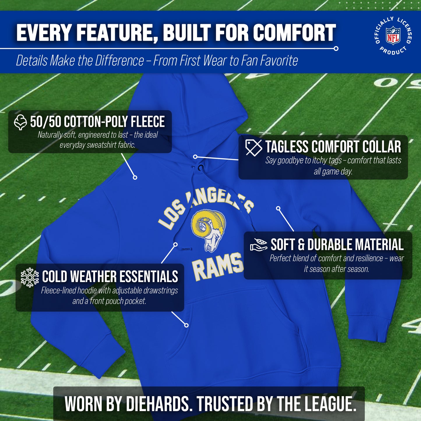 Los Angeles Rams NFL Adult Unisex Retro Gameday Ultra Soft Fleece Hooded Sweatshirt - Royal