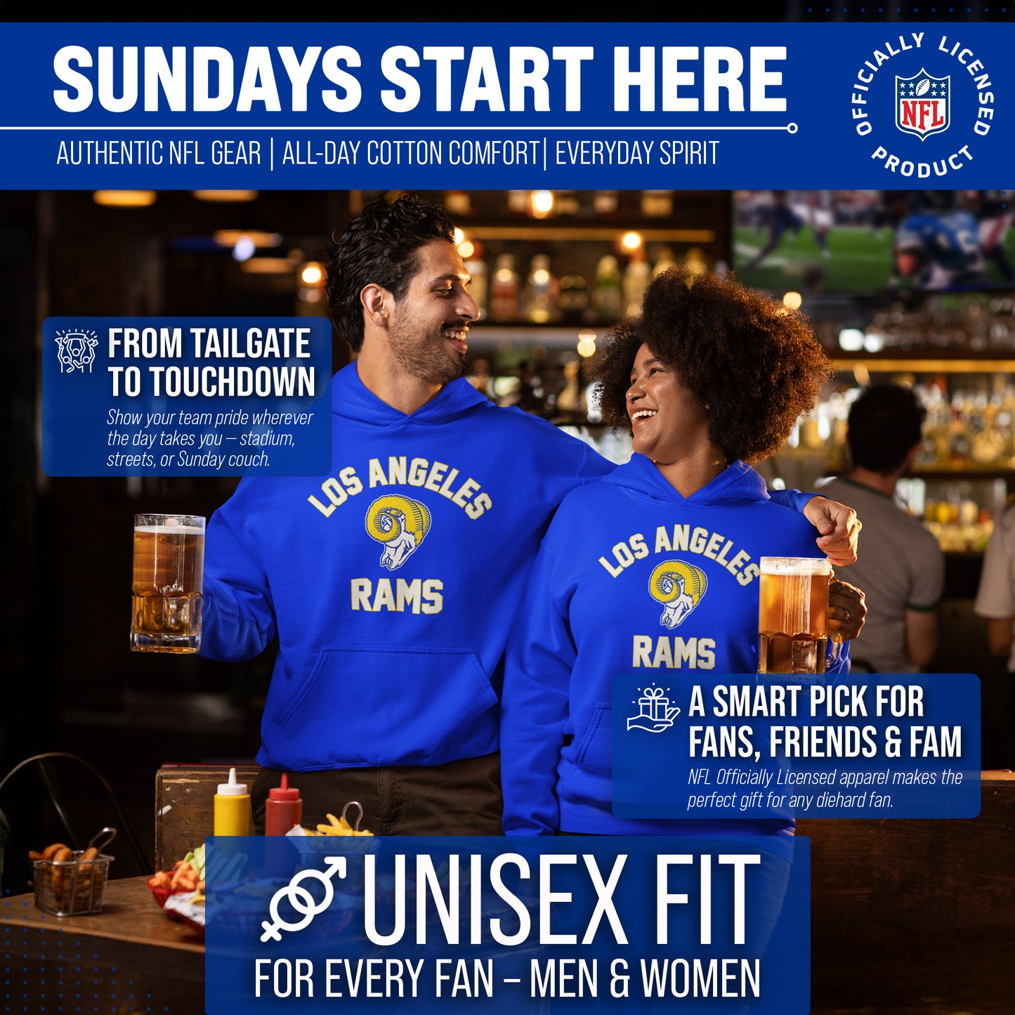 Los Angeles Rams NFL Adult Unisex Retro Gameday Ultra Soft Fleece Hooded Sweatshirt - Royal